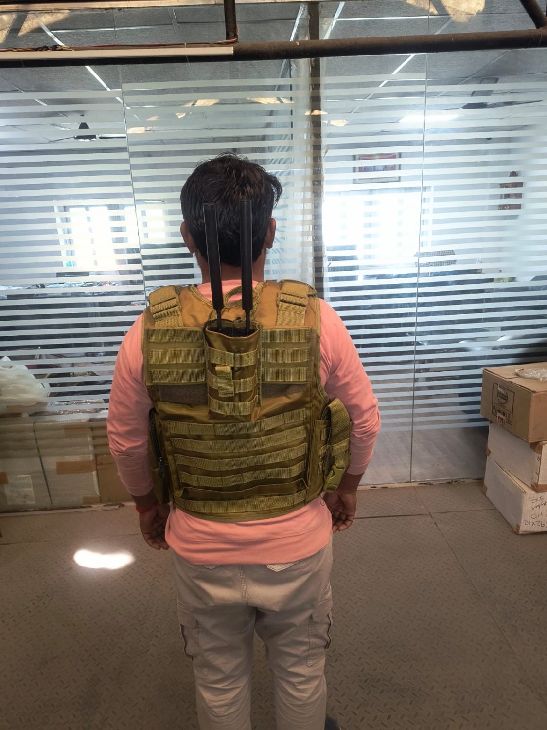 Rear view of a plate carrier showing two antennas standing clear of the wearer's shoulders