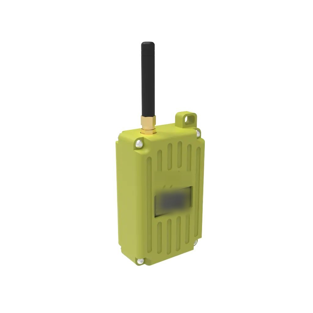 Rugged sealed mesh node in high-visibility lime, with an SMA whip antenna and lanyard lug